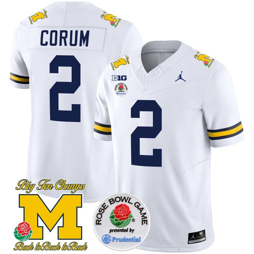 Men Michigan Wolverines #2 Corum White 2024 Rose Bowl Patch Vapor Limited NCAA Jersey